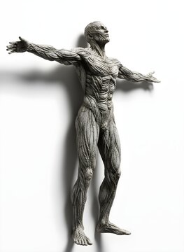 Glossy dark metal sculpture of flayed male torso with raised arms exposed muscles and intense expression of agony and transcendence