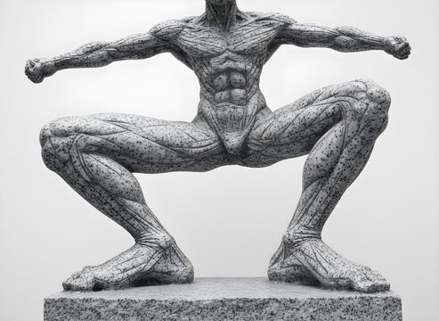 Granite sculpture of crouching muscular male body with anatomical detailing and missing head as metaphor of AI induced dehumanization