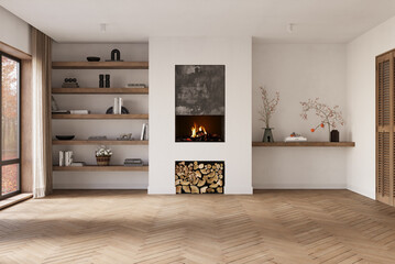 Fototapeta premium Minimalist living room interior with modern fireplace and white walls. Interior mockup, 3d render 