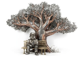 Metallic sculpture of old man sitting on park bench beneath large tree with detailed leaves symbolizing wisdom solitude aging and reflection in artistic narrative form