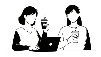 Two women working with laptop and coffee
