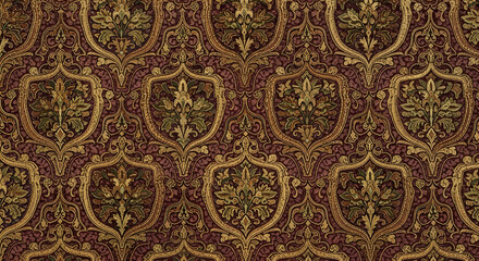 Detailed damask pattern with floral and shield motifs in shades of brown gold and maroon colors