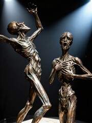 Abstract metallic sculptures of distorted headless bodies under spotlight representing AI control loss of thought and existential despair