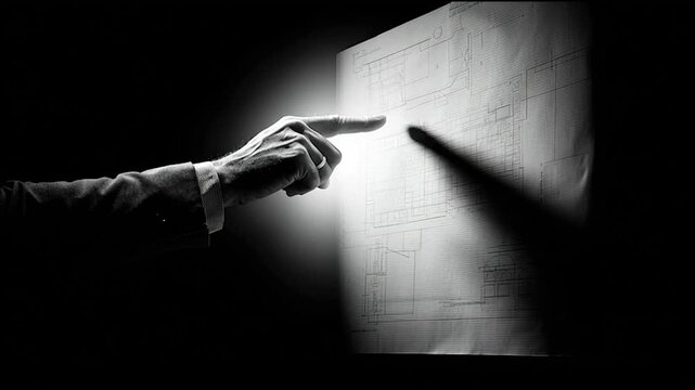 A hand pointing at a blueprint illuminated against a dark background, showcasing architectural plans in a dramatic monochrome setting.
