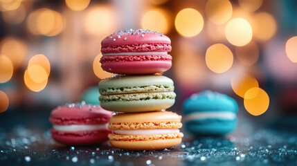 Macro shot of holiday desserts in Christmas coffee shop, sparkling sugar cookies and colorful macarons on festive table with blurred glowing lights, cozy seasonal background with copy space