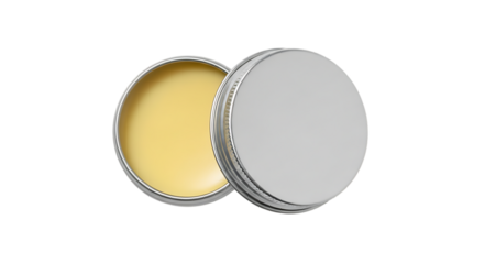 Open metal tin with yellow balm and closed lid container