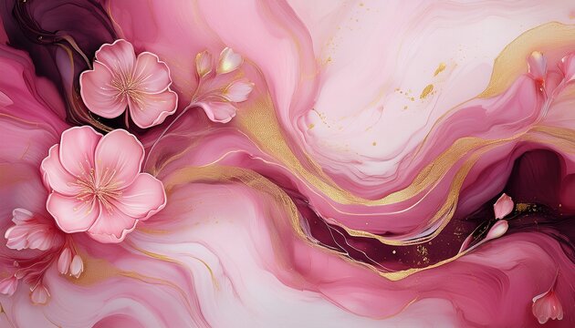abstract marble marbled stone ink liquid fluid painted painting texture luxury background banner featuring pink petals blossom flower swirls and gold painted lines - Powered by Adobe