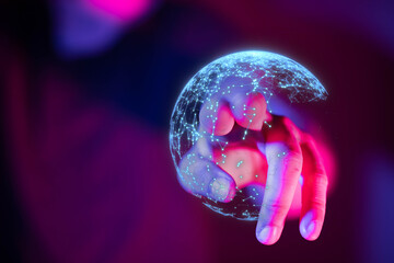 Artistic rendering of a hand grasping a digital globe representing connectivity, internet, and global network, illuminated with vibrant colors.