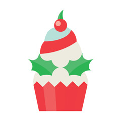 Festive holiday cupcake with cherry holly leaves and red and white icing