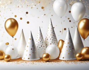 white party hats and balloons with gold stars confetti on white background