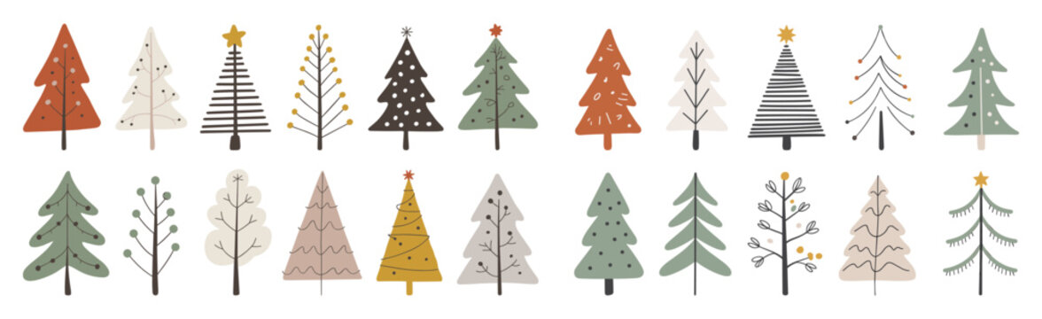 Collection of hand-drawn Christmas trees in various styles and colors with decorative elements like stars and dots