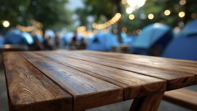 A rustic wooden picnic table in the foreground with a blurred outdoor setting of blue shelters and glowing string lights in the background