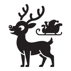 Santa Claus sleigh silhouette vector, flying reindeer pulling gift-loaded sleigh with stars, black Christmas illustration on white background, isolated festive artwork for stock ,