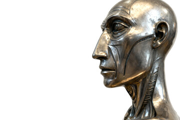 Realistic metallic sculpture of male head with exaggerated anatomical features and stylized muscles on white background
