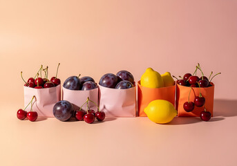 Still Life of Fresh Cherries, Plums, and Lemons in Pastel Paper Bags on Pink Background