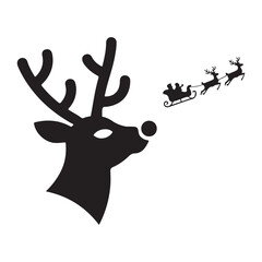 Santa Claus sleigh silhouette vector, flying reindeer pulling gift-loaded sleigh with stars, black Christmas illustration on white background, isolated festive artwork for stock .