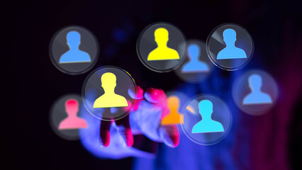 Hand reaching towards a collection of user profile icons, representing online connections and digital networking in the virtual world.