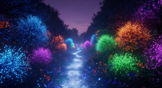 A magical forest path illuminated by colorful glowing trees under a starry night sky scene