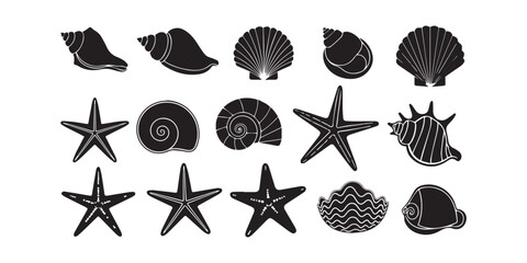 Set of different black sea shells and starfish silhouette vector.
