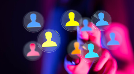 Abstract image of a hand interacting with digital icons representing networks, connections and people, perfect for concepts like social media, c