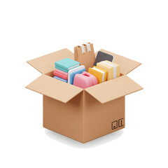 Moving box with books, shopping bag, and phone for new beginnings