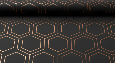 Close up of a black surface with a pattern of copper colored hexagons in a repeating arrangement