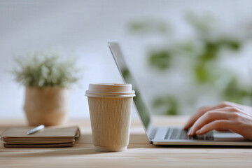 Eco-friendly paper coffee cup on wooden desk with laptop and notebooks in sustainable home office