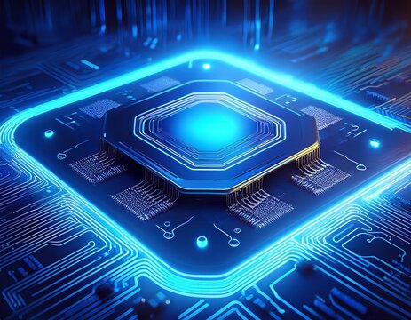 an artificial intelligence ai processor chip with blue neon lights glowing on a circuit board