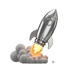 Launching silver rocketship with fiery blast for business growth success