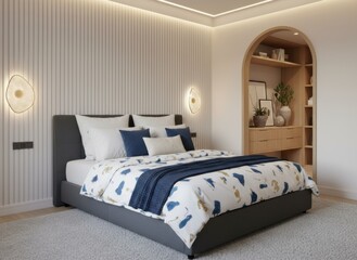 open living room and bedroom with minimalist Scandinavian design.