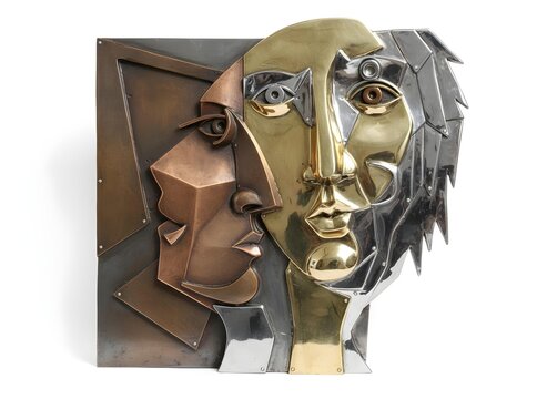Dual face metal sculpture combining human profile and mechanical elements symbolizing fragmented identity artificial intelligence and emotional complexity - Powered by Adobe