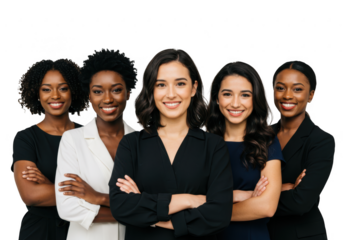 Diverse group of five smiling women in business attire isolated on transparent background