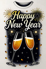 Happy New Year celebration with fireworks and champagne glasses.