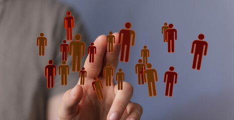 Digitally rendered image depicting people icons interacting, concept of connection, social media,...