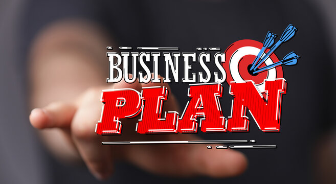 Business plan illustration with hand pointing at the target, perfect for business strategy concepts. Success, achievement, and goal-oriented.