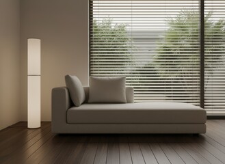 open living room and bedroom with minimalist Scandinavian design.