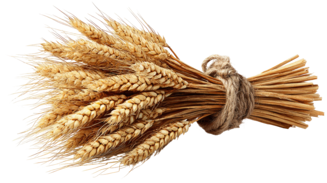 golden wheat bundle tied together ripe grain stalks agricultural harvest symbol natural cereal crop isolated on white background