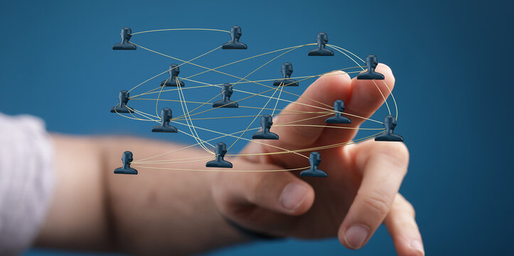 Image of human hand interacting with a digital network, representing concepts like teamwork, communication, and connectivity. - Powered by Adobe