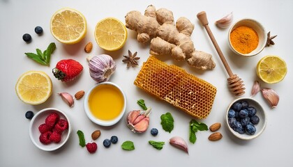 a vibrant flat lay of immunity boosting natural foods such as garlic turmeric honeycomb lemon and fresh berries arranged neatly on a clean white surface perfect for a healthy lifestyle theme