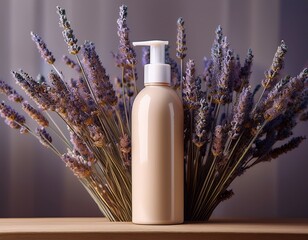 beige lotion bottle surrounded by lavender sprigs in a vase