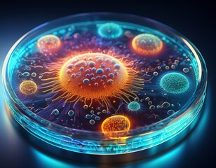 a computerized representation of a glowing petri dish with distinct regions for the growth of bacterial fungal and viral organisms the light patterns show how infectious diseases spread