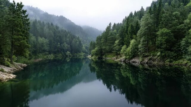 A serene mountain lake reflects a dense evergreen forest lining steep mist-shrouded hillsides under a soft diffuse sky Still water mirrors the lush trees
