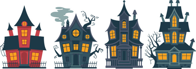 Colorful spooky haunted houses illustration, cartoon halloween buildings collection with glowing windows, eerie architecture design for posters, decor, and invitations