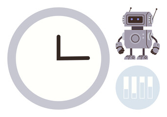 Clock with bold hands beside detailed robot and progress chart. Ideal for technology, automation, productivity, AI, time management, innovation, and efficiency. Simple flat metaphor