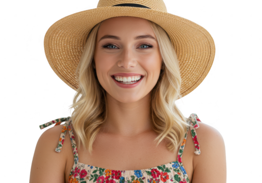 Smiling woman wearing straw hat and floral top isolated on transparent background