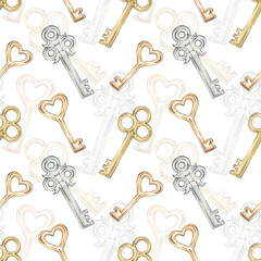 Watercolor seamless pattern with keys. Hand-drawn print with vintage keys. Keys made of gold, silver, and copper. Vintage design and decoration. Wrapping paper, scrapbooking.