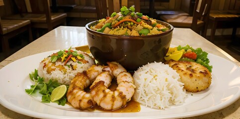 Asian ethnic food, Photo of traditional Asian ethnic main dish, Nasi Campur, or white rice served with various local side dishes, various types of meat, shrimp, and spicy vegetables.