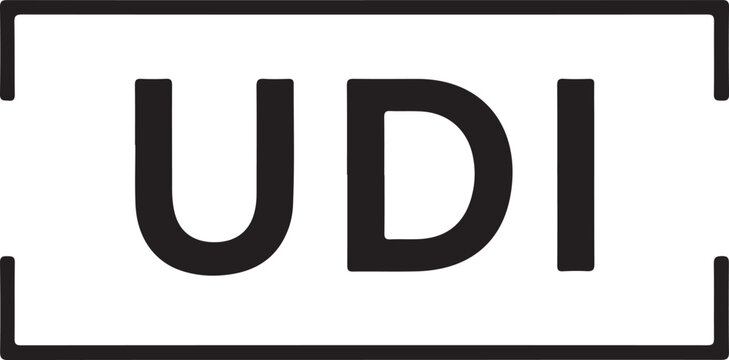 Bold black letters U D I inside a rectangular frame text typography