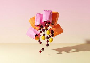 Zero Gravity Fruit Splash: Cherries, Plums, and Lemons Falling from Pink and Orange Floating Paper Bags