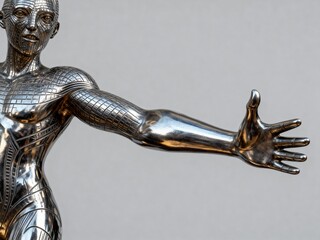Futuristic humanoid robot sculpture with armored chest and outstretched hand featuring detailed facial structure and metallic finish